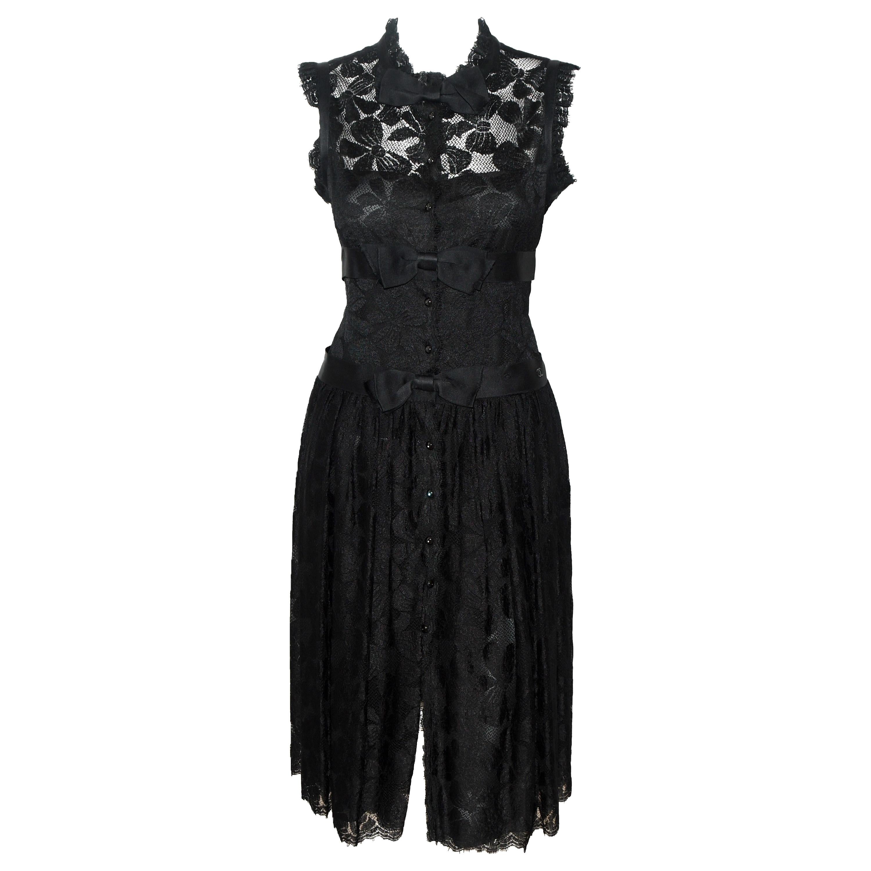 Chanel Black Lace Evening Dress 2005 Fall Season With Button Down Front Closure 