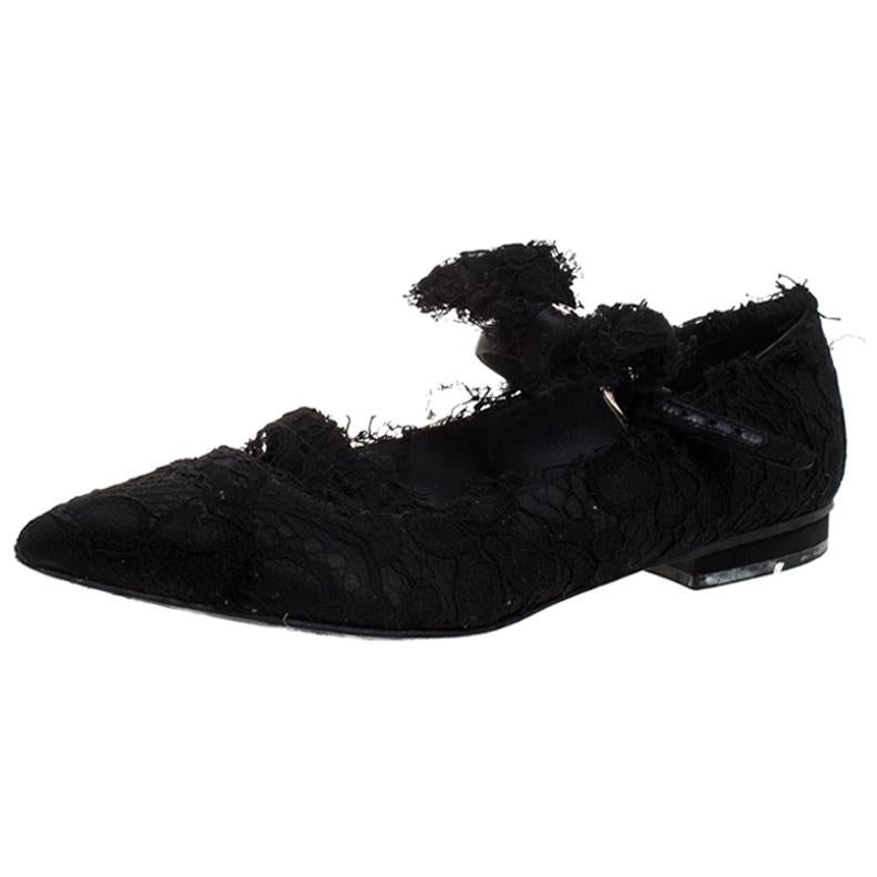 Chanel Black Lace Mary Jane Bow Detail Pointed Toe Ballet Flats Size 35.5