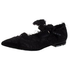Chanel Noir Dentelle Mary Jane Bow Detail Pointed Toe Ballet Flats Taille 35.5