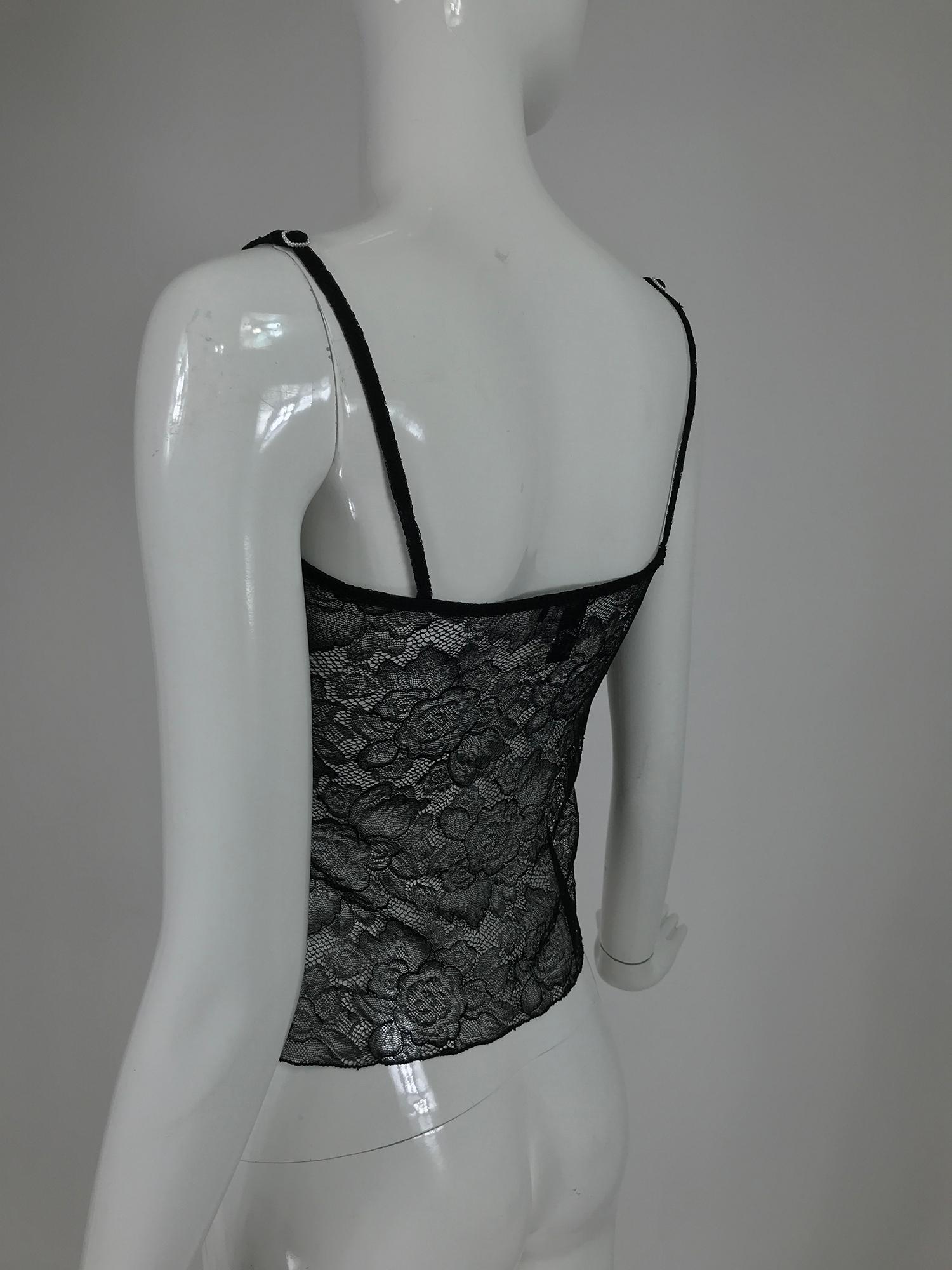 Black Chanel black lace pearl trimmed embroidered camisole 2004A