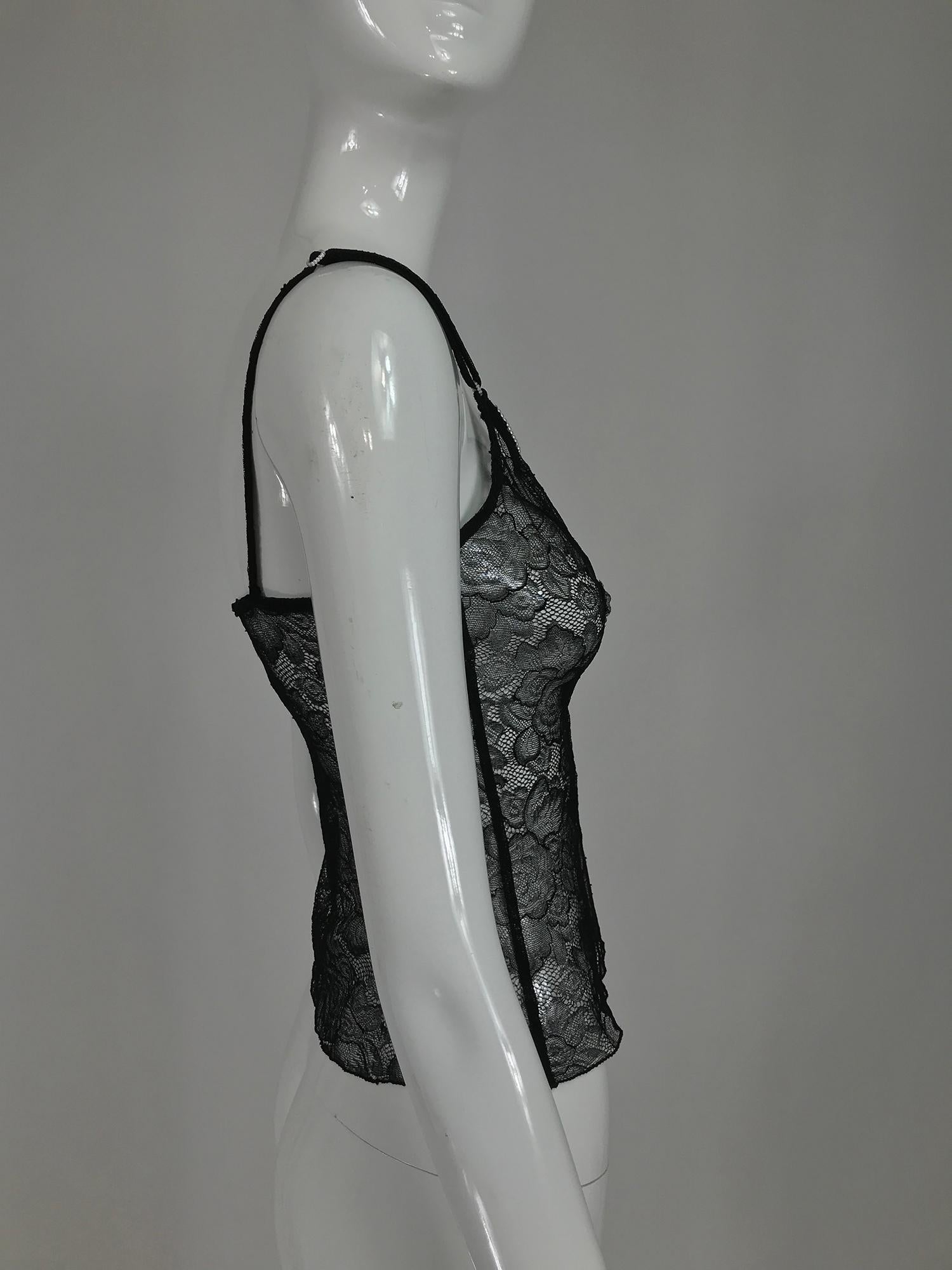 Chanel black lace pearl trimmed embroidered camisole 2004A 1