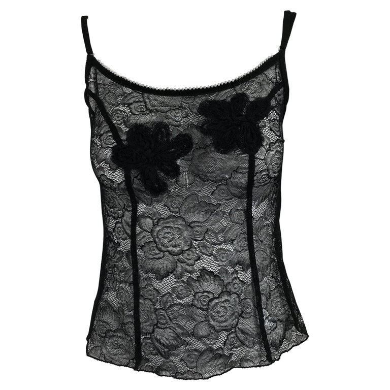 Chanel black lace pearl trimmed embroidered camisole 2004A at 1stDibs