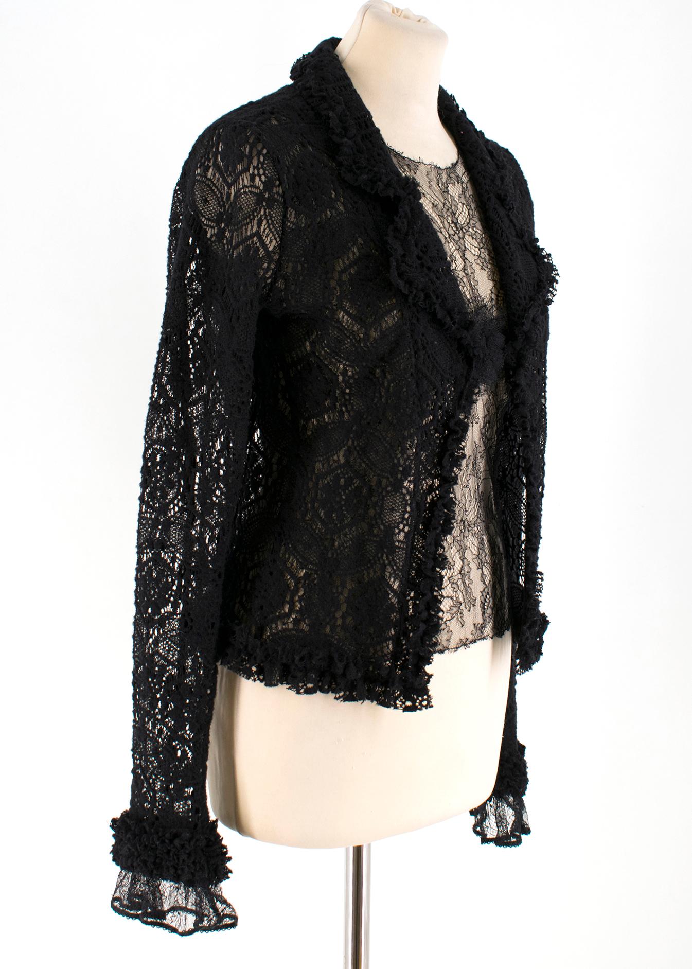 Chanel Black Laced Vest Top & Cardigan Set 

Vest Top
- Black Laced Vest top 
- Round neck, sleeveless 
- Signature flower at center 
- Unlined, see through
- Lightweight

Cardigan 
- Black Crochet cardigan 
- Soft point lapel 
- Ruffled trim hems