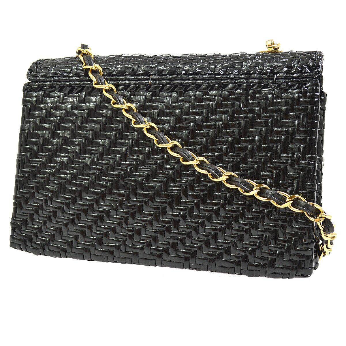 Chanel Black Lacquered Wicker Medium Gold Evening Shoulder Flap Bag in ...