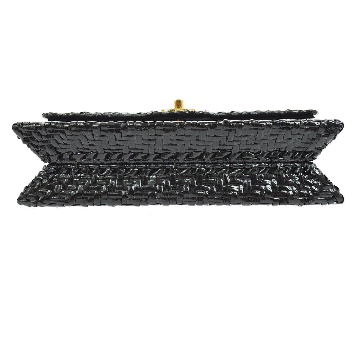Women's Chanel Black Lacquered Wicker Medium Gold Evening Shoulder Flap Bag in Box