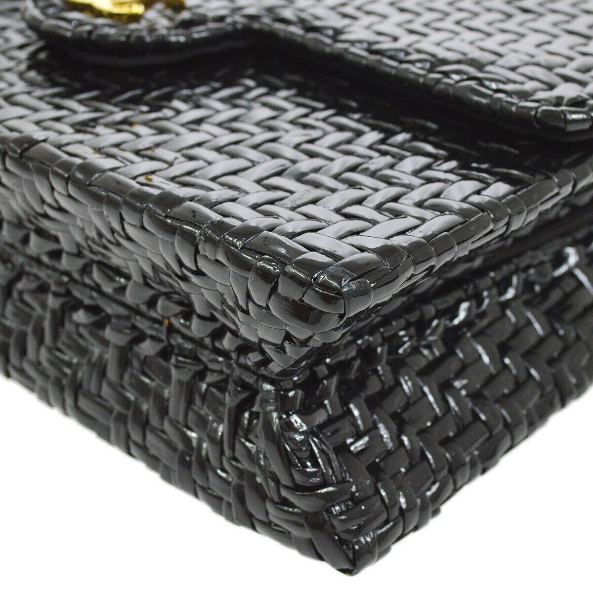 Chanel Black Lacquered Wicker Medium Gold Evening Shoulder Flap Bag in Box 1