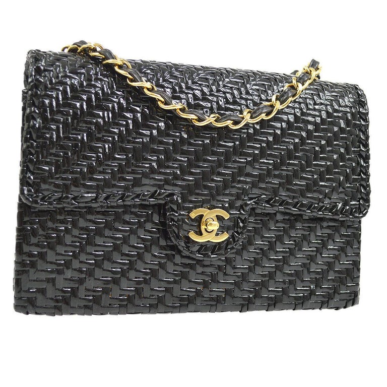 Chanel Black Lacquered Wicker Medium Gold Evening Shoulder Flap Bag in Box
