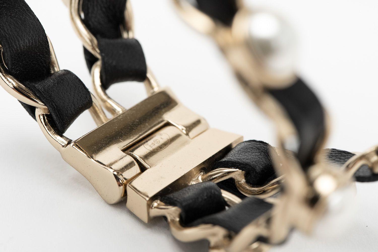 Women's or Men's Chanel Black Lamb/Pearl Clamp Bracelet New  For Sale
