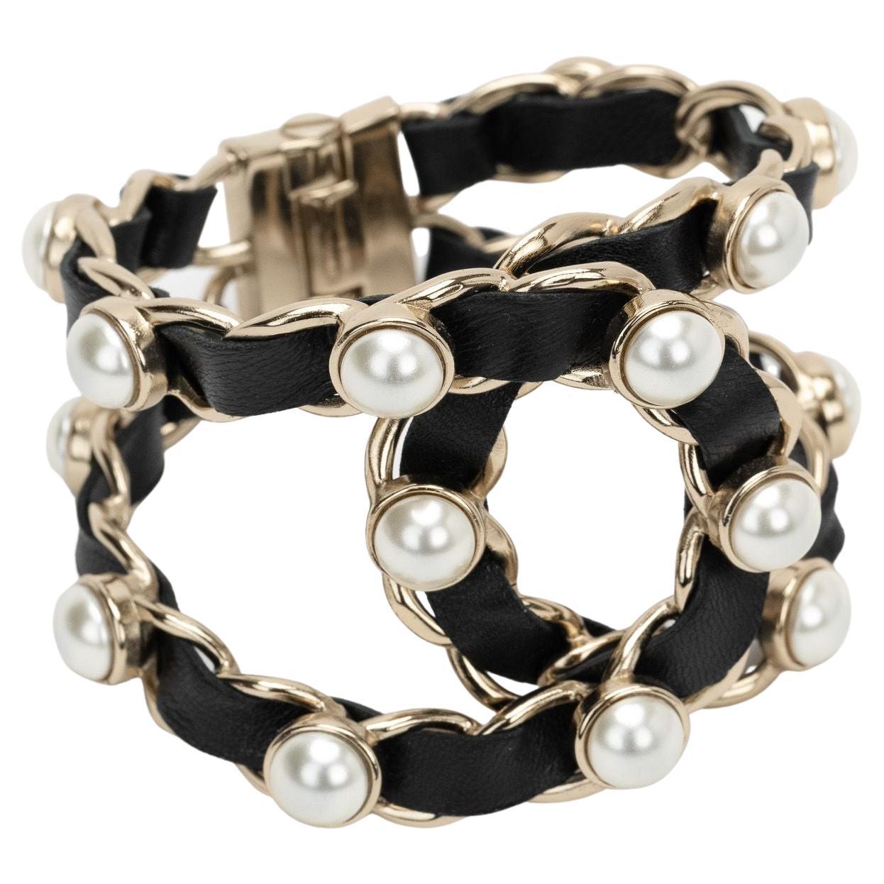 Chanel Black Lamb/Pearl Clamp Bracelet New  For Sale