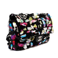 Chanel Black Lambskin and Silk Woven Ribbon Medium Flap Bag