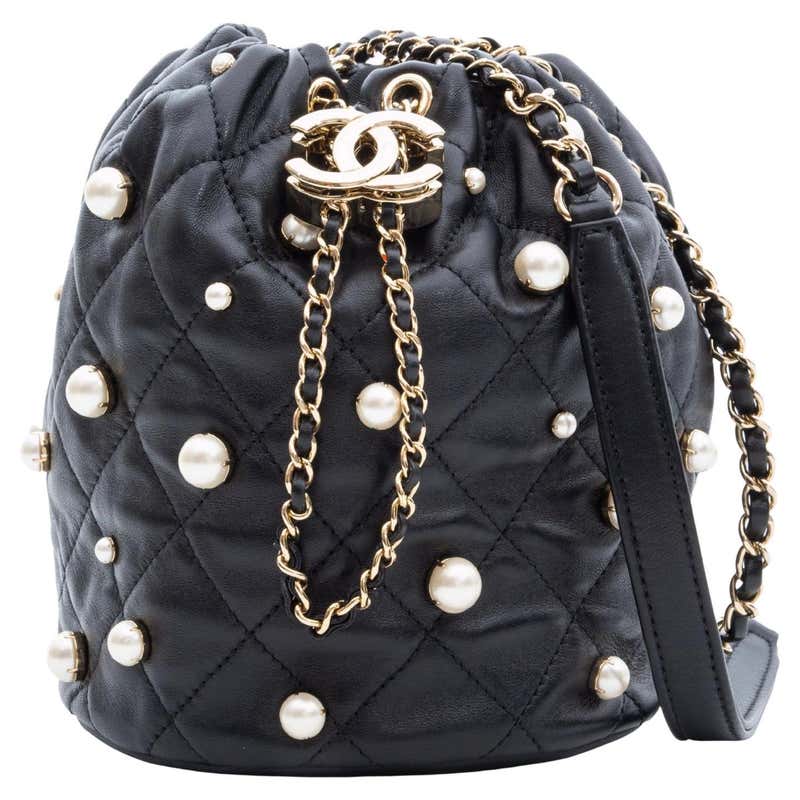 Chanel String Bag Chanel Black Lambskin Bucket Drawstring Pearl Small Shoulder Bag SS ...