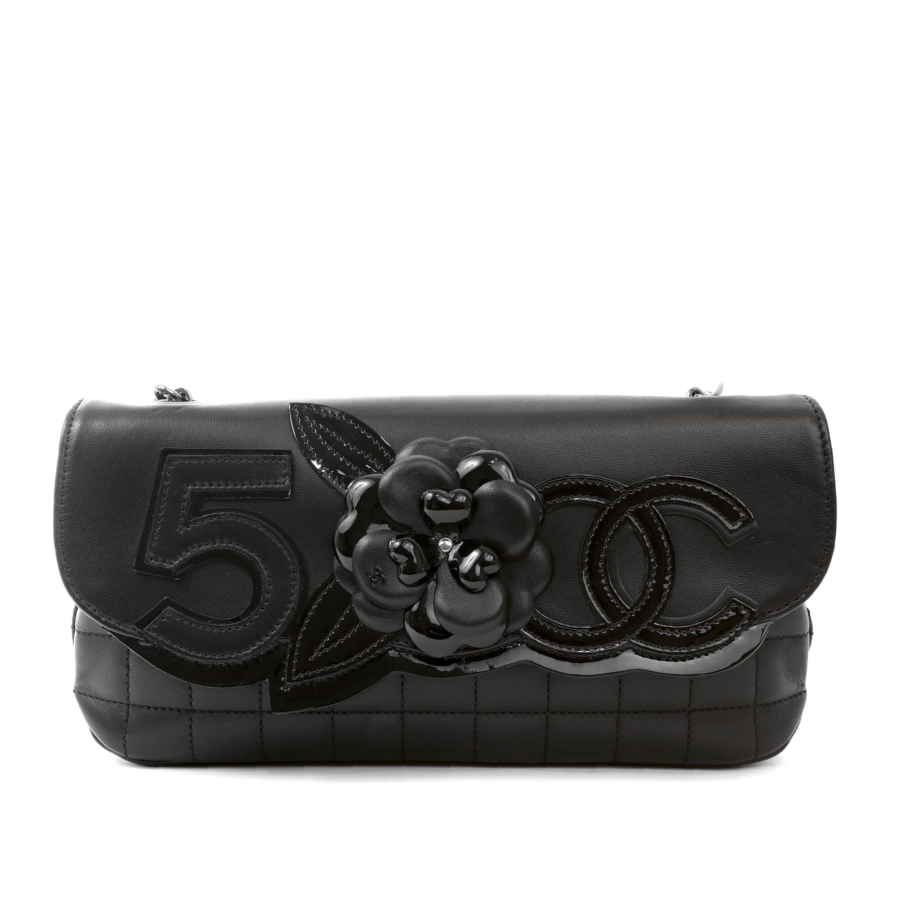 Women's Chanel Black Lambskin Camellia Flap Shoulder Bag Clutch