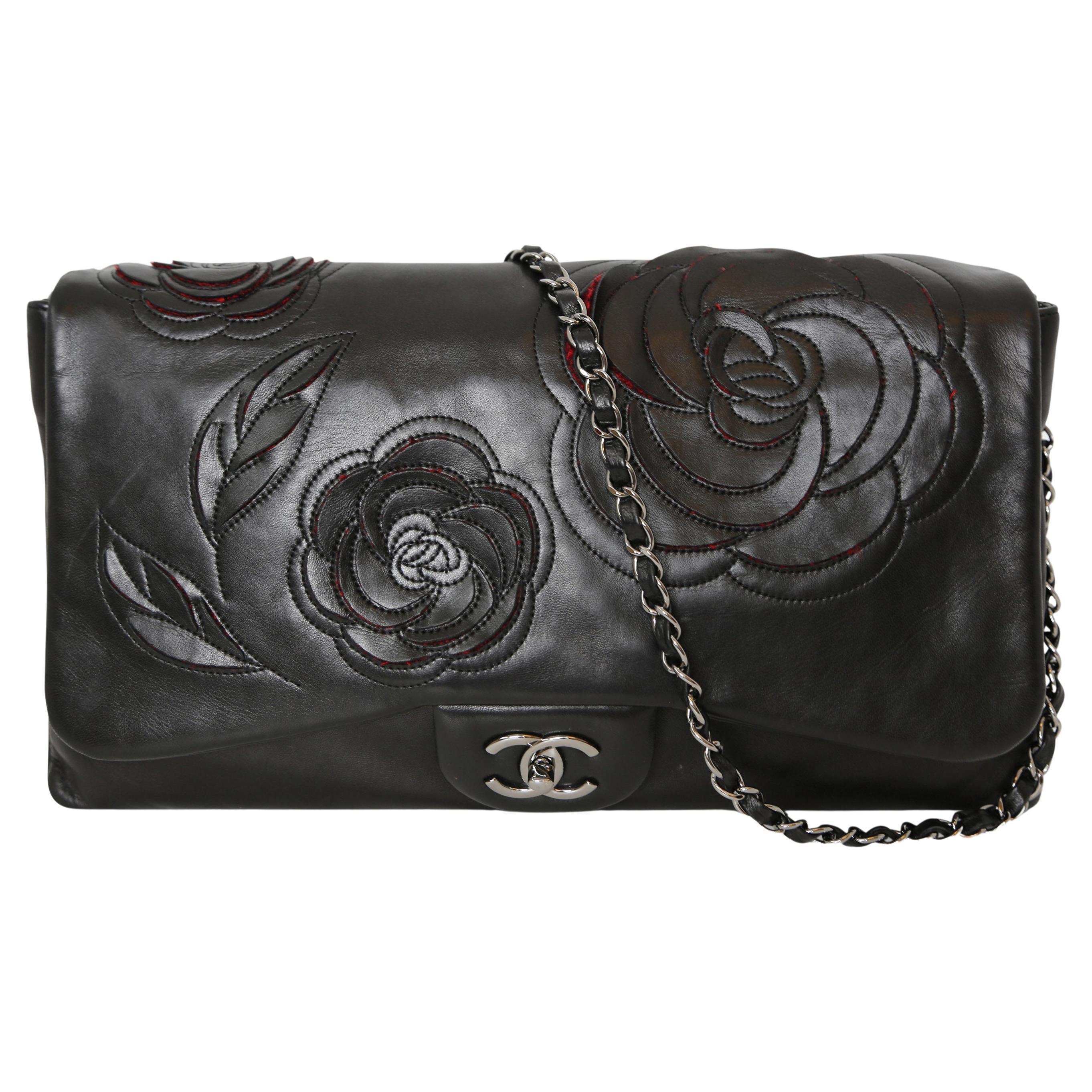 Chanel Black Lambskin Camellia Runway Flap Bag For Sale