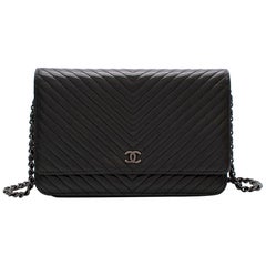 Chanel Black Lambskin Chevron Leather Wallet on Chain 