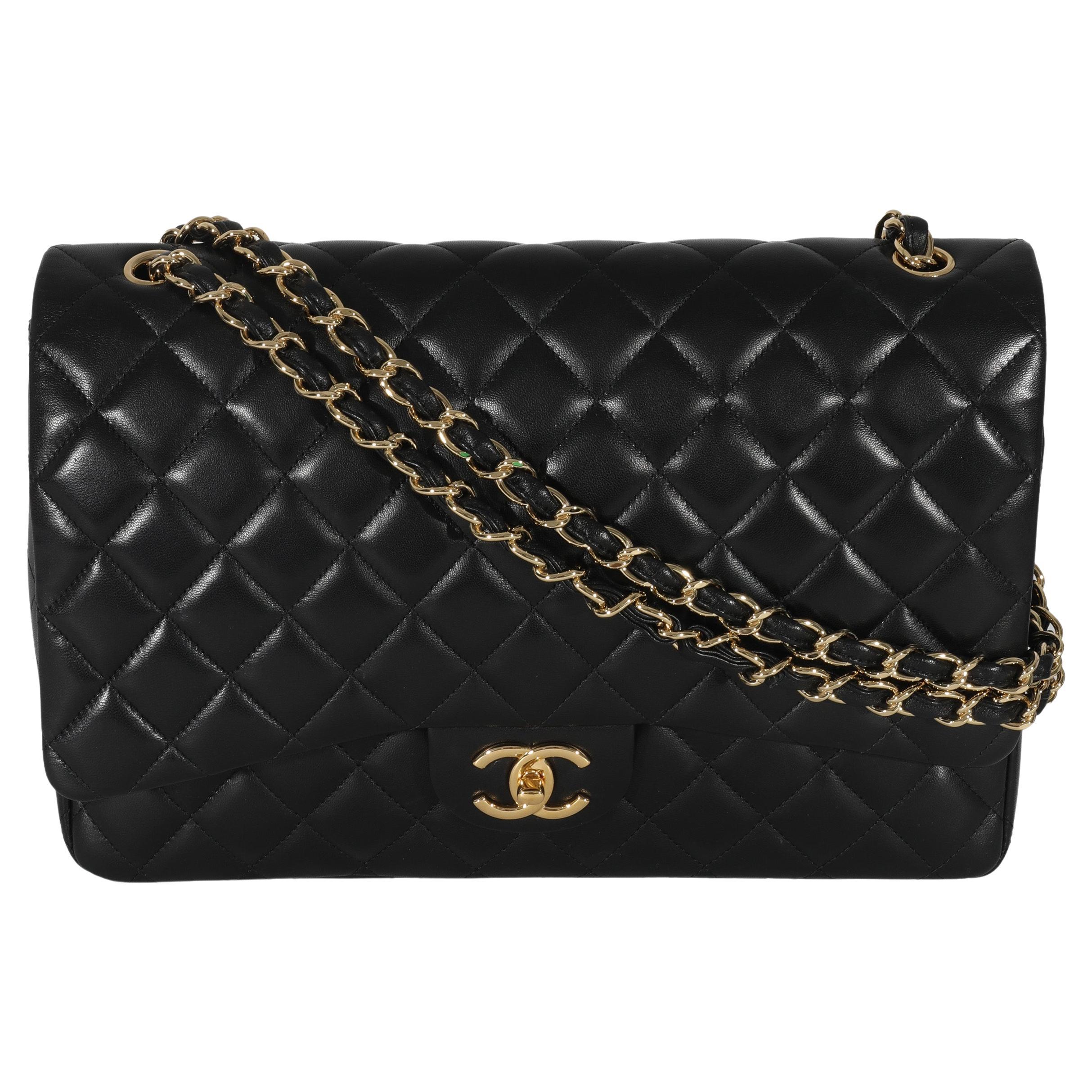 Chanel Black Lambskin Classic Maxi Double Flap Bag For Sale