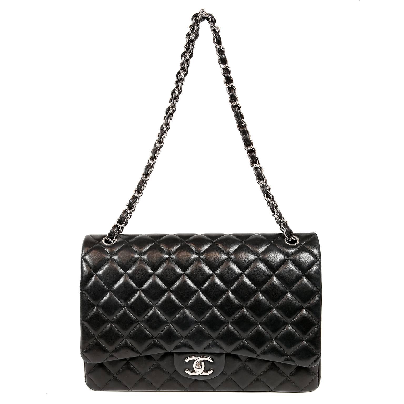 Chanel Black Lambskin Classic Maxi Double Flap Bag with Silver Hardware 8