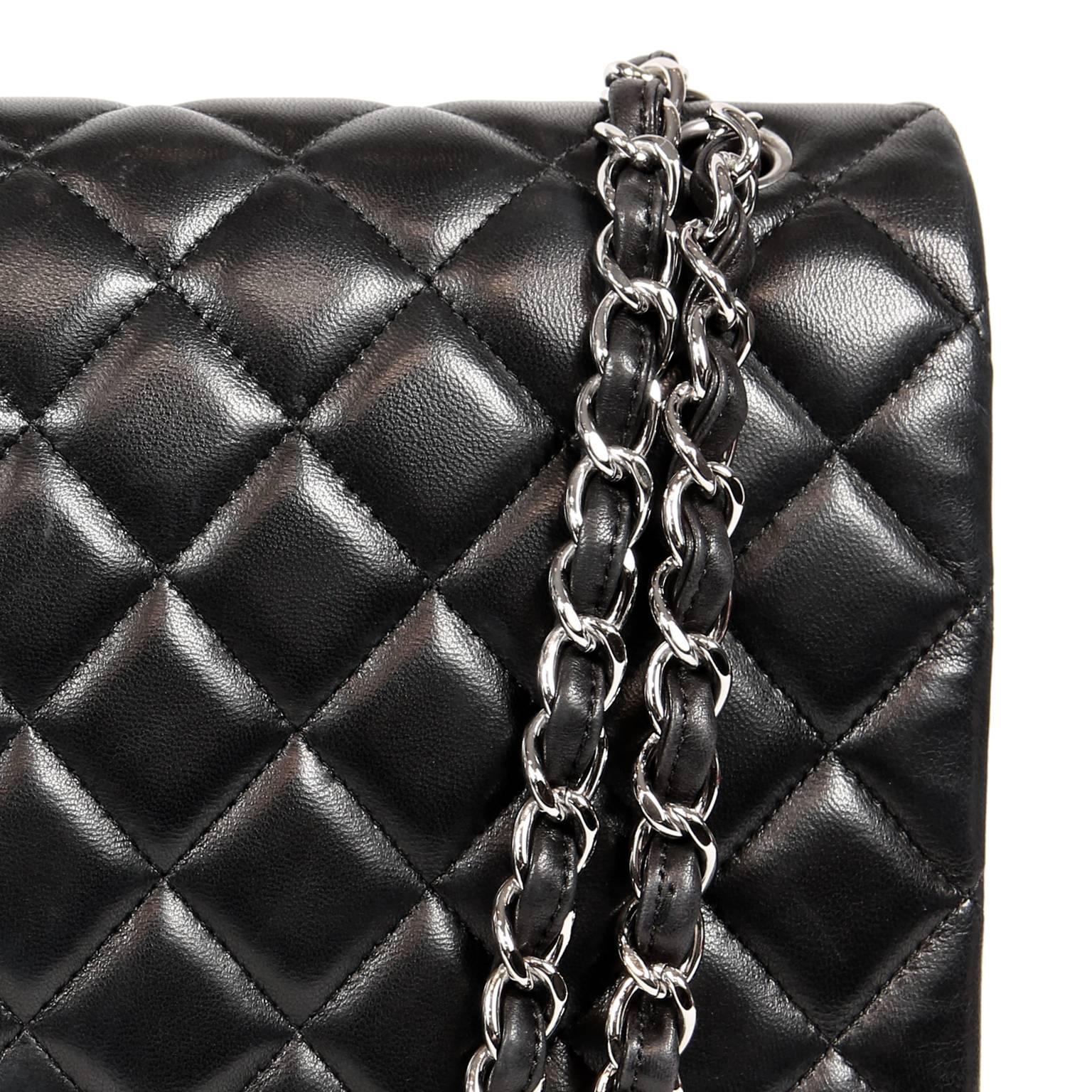 Chanel Black Lambskin Classic Maxi Double Flap Bag with Silver Hardware In Excellent Condition In Palm Beach, FL