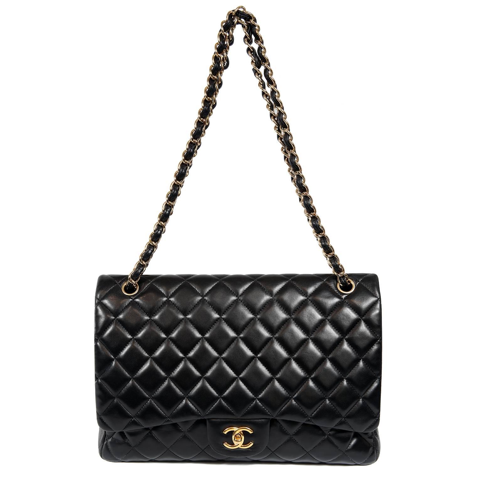 Chanel Black Lambskin Classic Maxi with Gold Hardware 10