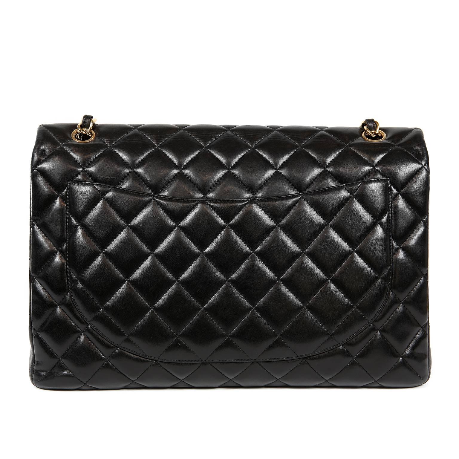 Chanel Black Lambskin Classic Maxi Single Flap Bag- Pristine Condition
Possibly the most coveted silhouette of all the Classics, the Single Flap Maxi with gold hardware is a must have staple for any collector.  
Black lambskin is quilted in