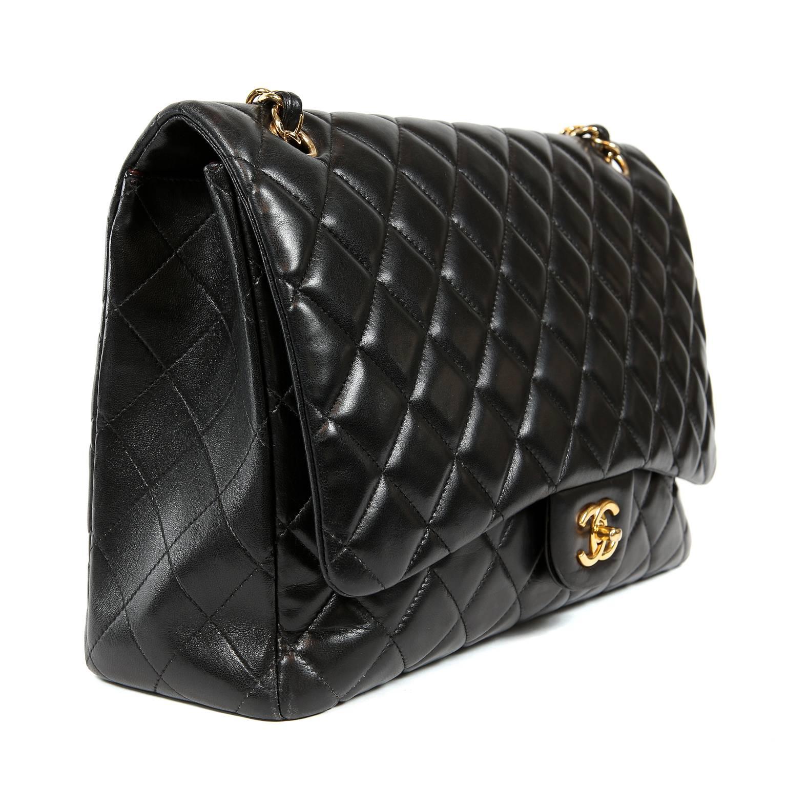 Chanel Black Lambskin Classic Maxi with Gold Hardware In Excellent Condition In Palm Beach, FL