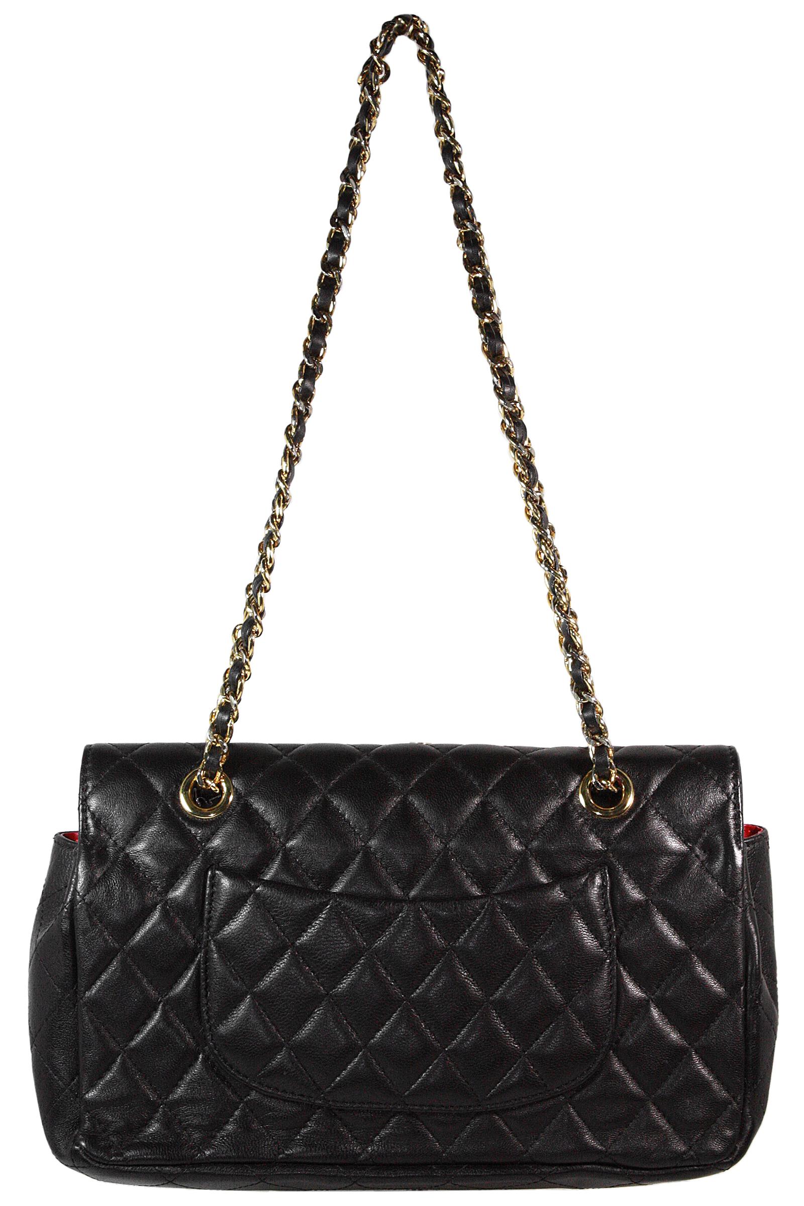 Chanel Black Lambskin Classic Quilted Double Strap Bag In Good Condition In Los Angeles, CA