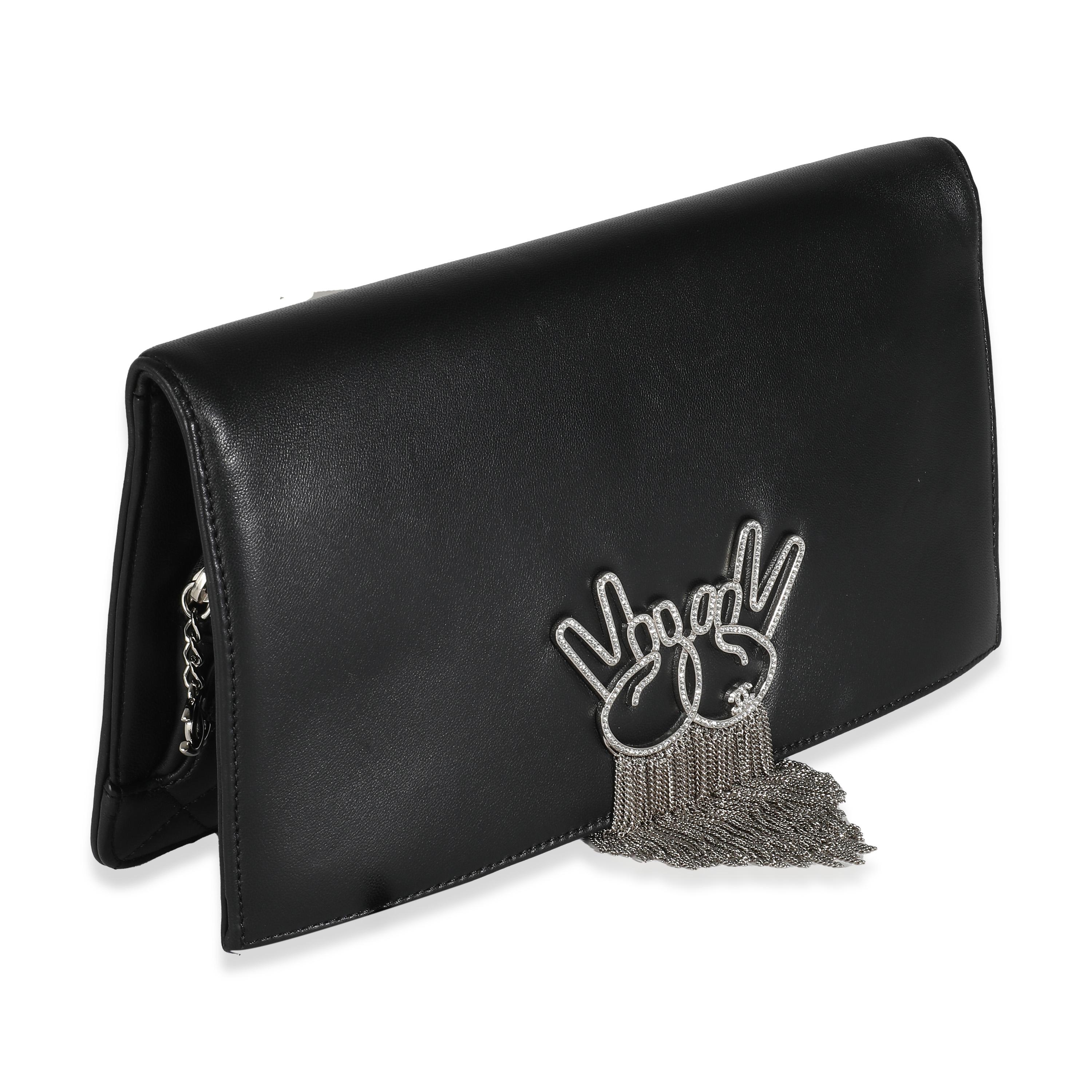 Chanel Black Lambskin Crystal Peace Sign Emoji Fold Over Clutch In Excellent Condition For Sale In New York, NY