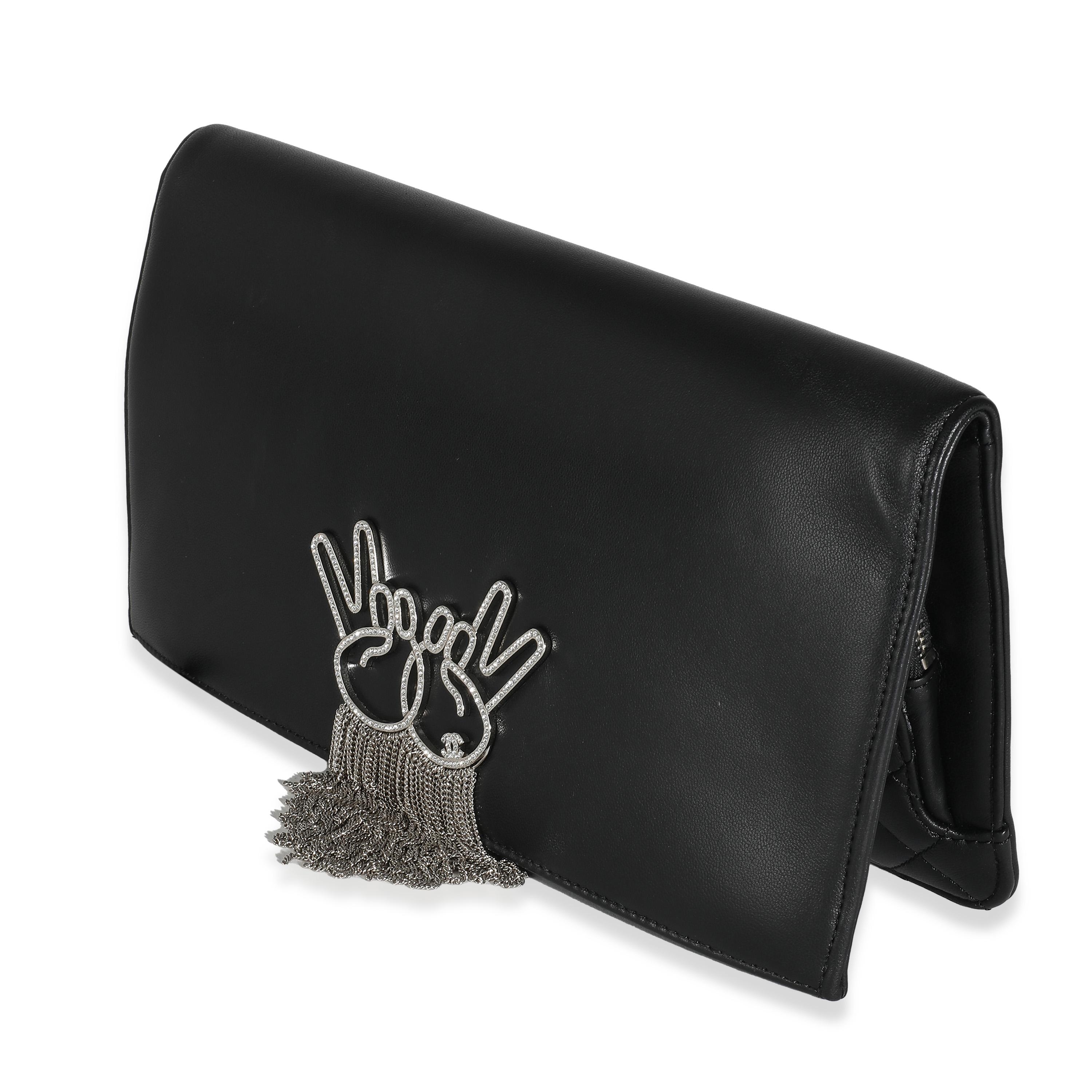 Women's or Men's Chanel Black Lambskin Crystal Peace Sign Emoji Fold Over Clutch For Sale