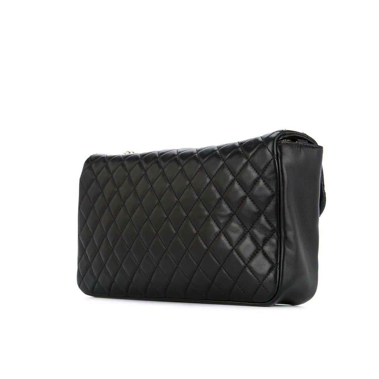 Diamond stitch Chanel quilted black lambskin flap with pearl CC logo and pearl chain

Year: 2010
Gold hardware
Magnetic clasp closure
Pearl details
Interior center zippered pocket
Interior grey canvas striped lining
6
