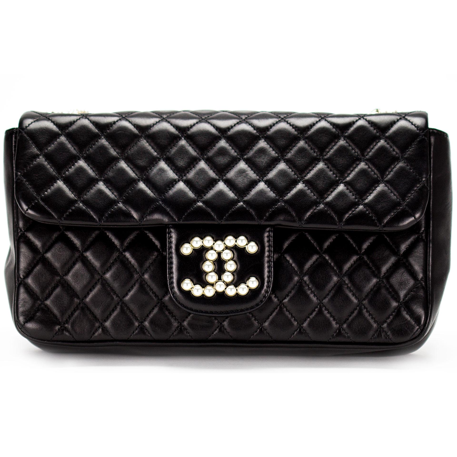 Women's or Men's Chanel Black Lambskin Diamond Stitch Pearl Medium Classic Westminster Flap Bag