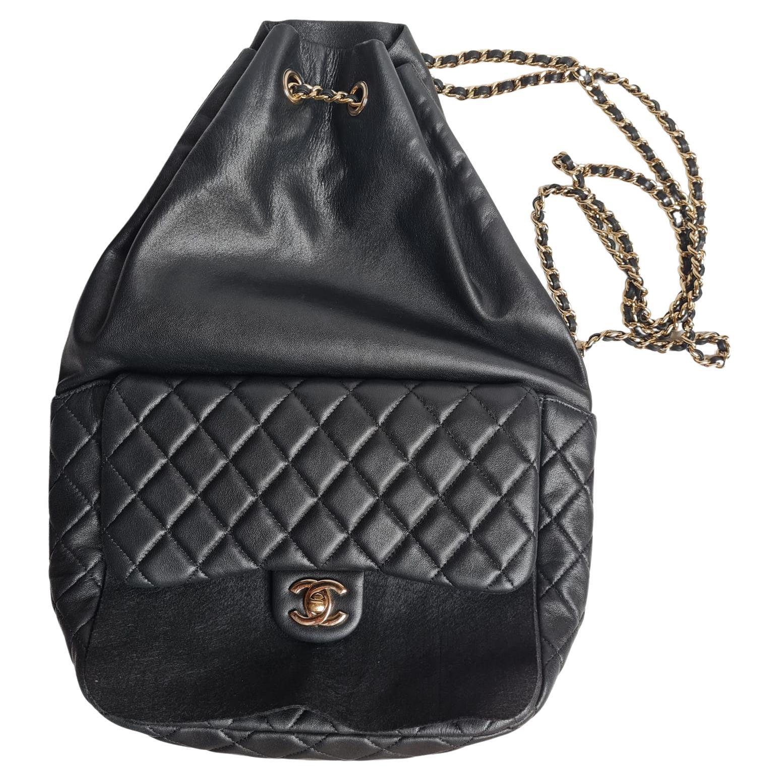 Chanel Black Lambskin Drawstring Backpack For Sale