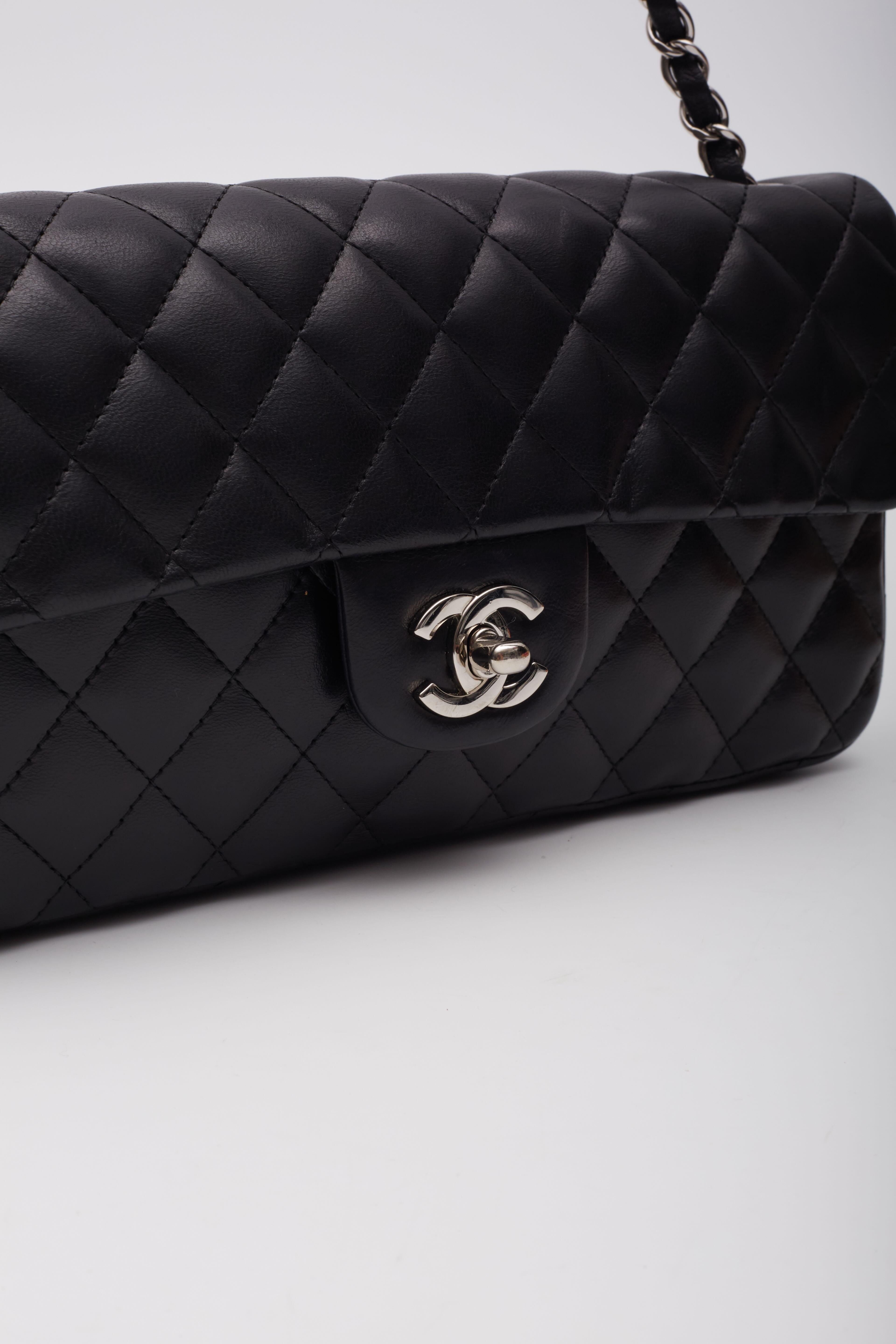 Chanel Black Lambskin East West Baguette Bag Gold Hardware For Sale 4