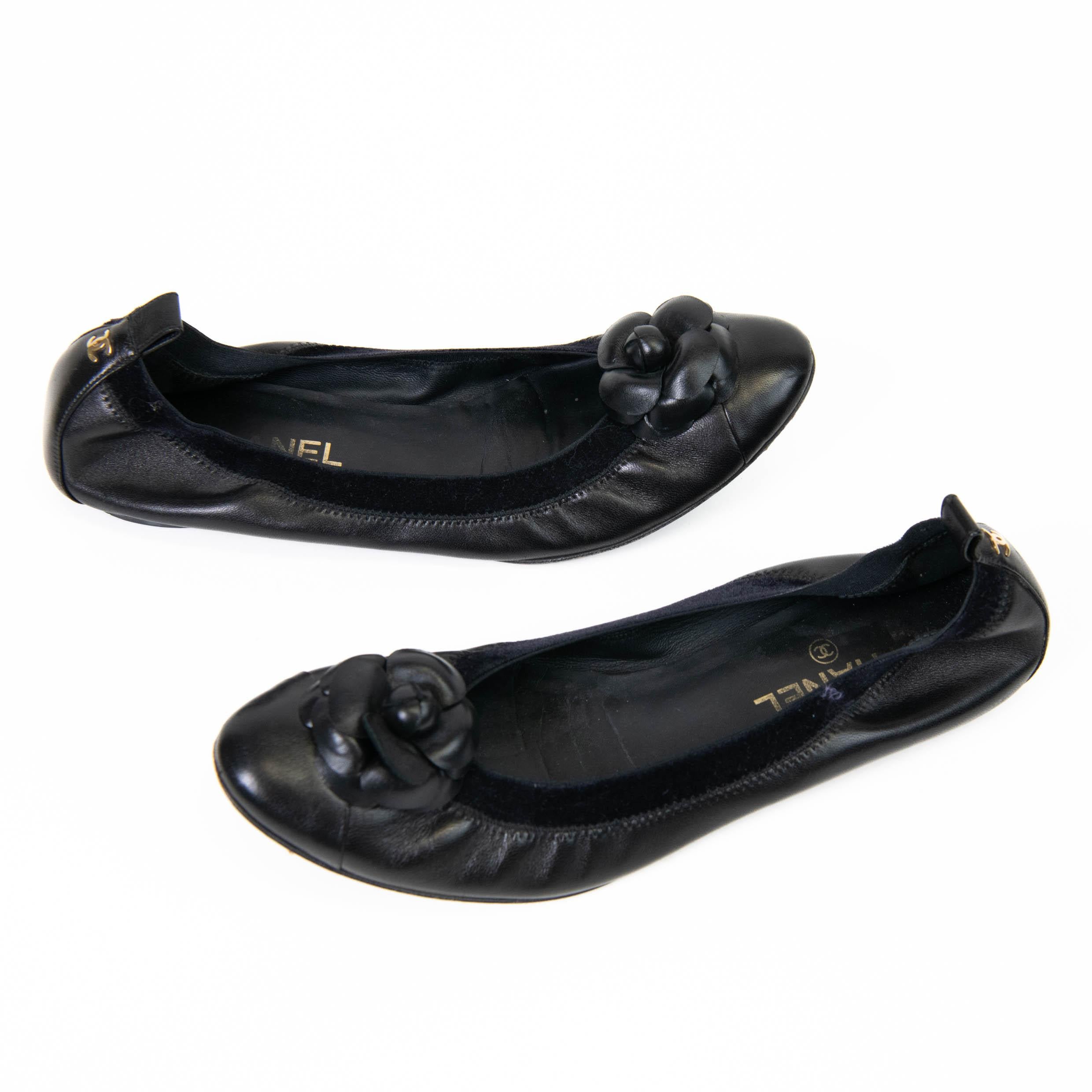 Women's or Men's Chanel Black Lambskin Elastic Camellia Ballerina Flats Size 42