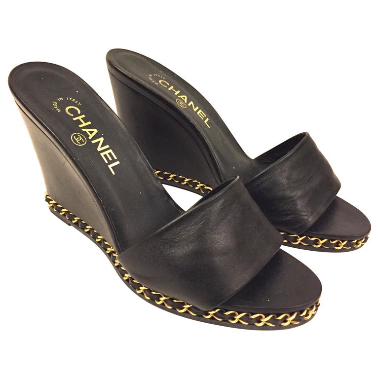 Chanel black lambskin gold chain open toe platform sandals u