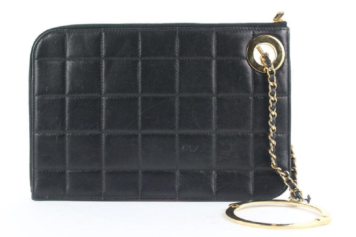 Gris Pochette pochette à poignée en cuir d'agneau noir et or Chanel 522cks38 en vente