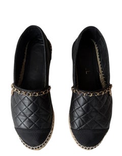 Chanel Black Lambskin/Grosgrain Quilted CC Chain Espadrilles sz 39