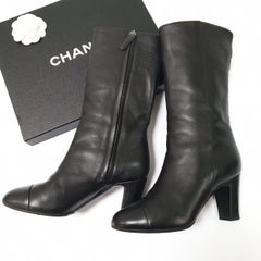 CHANEL Black Lambskin  Iconic Style Mid-Boots Sz.36