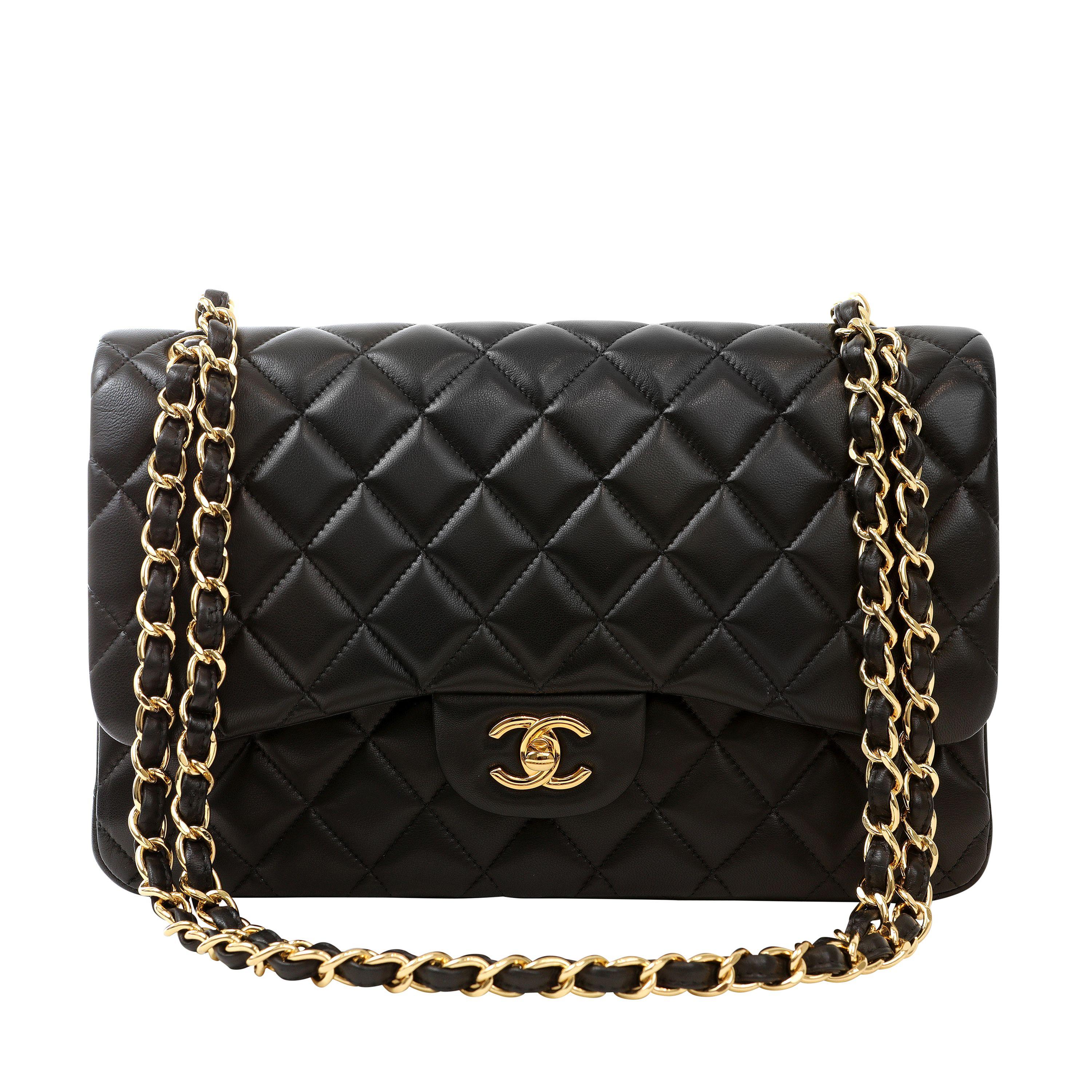 Chanel Black Lambskin Jumbo Classic with Gold Hardware In Excellent Condition For Sale In Palm Beach, FL