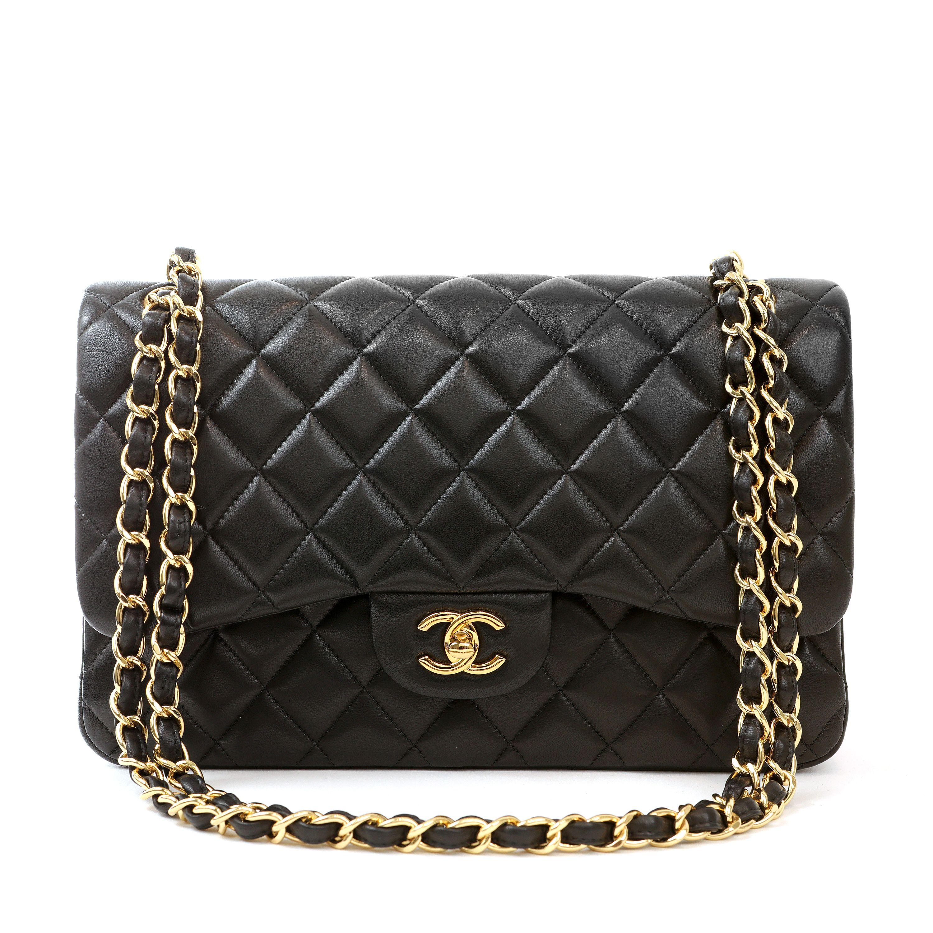 Women's Chanel Black Lambskin Jumbo Classic with Gold Hardware For Sale