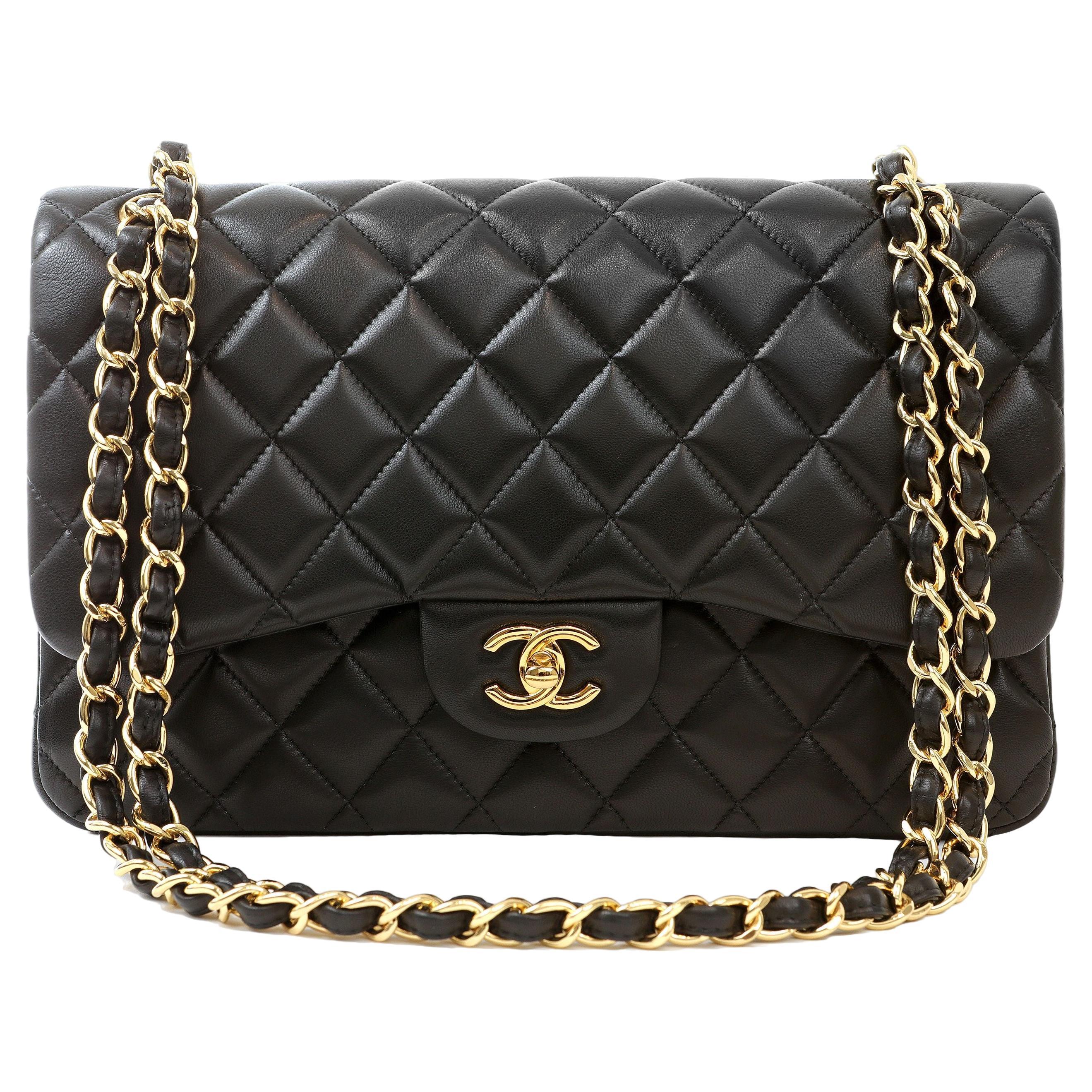 Chanel Black Lambskin Jumbo Classic with Gold Hardware For Sale