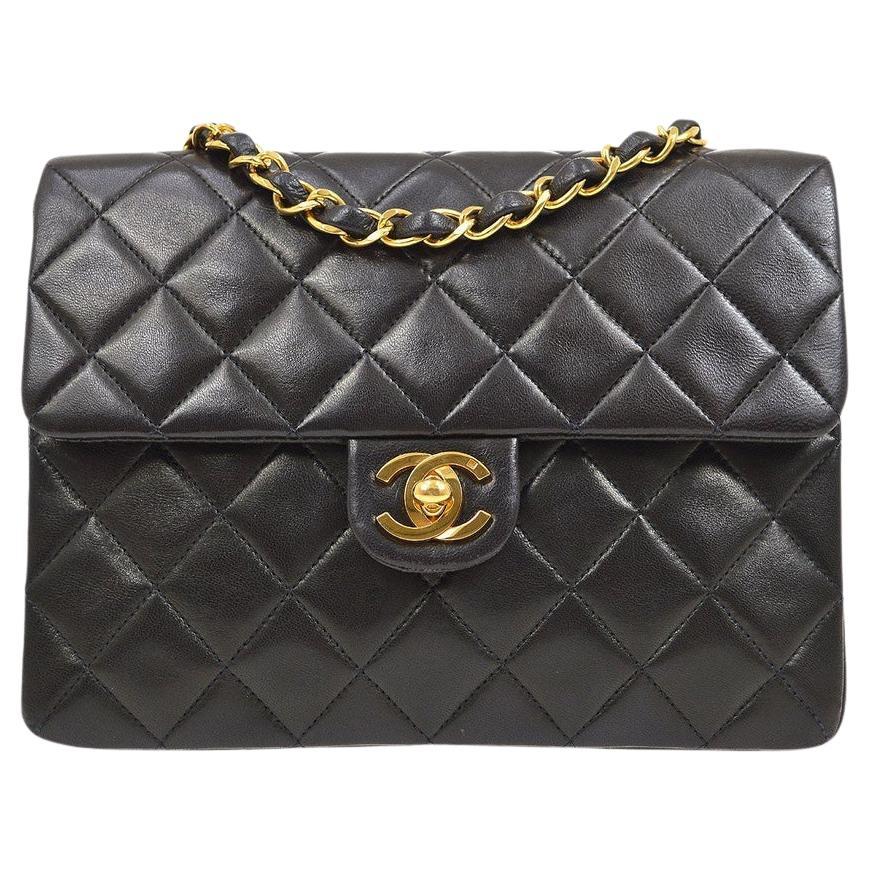 CHANEL Black Lambskin Leather 24K Gold Hardware Small Evening Shoulder Flap Bag 