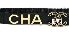 CHANEL Black Lambskin Leather Belt Gold Stretch Nameplate Sz 75/30 2019