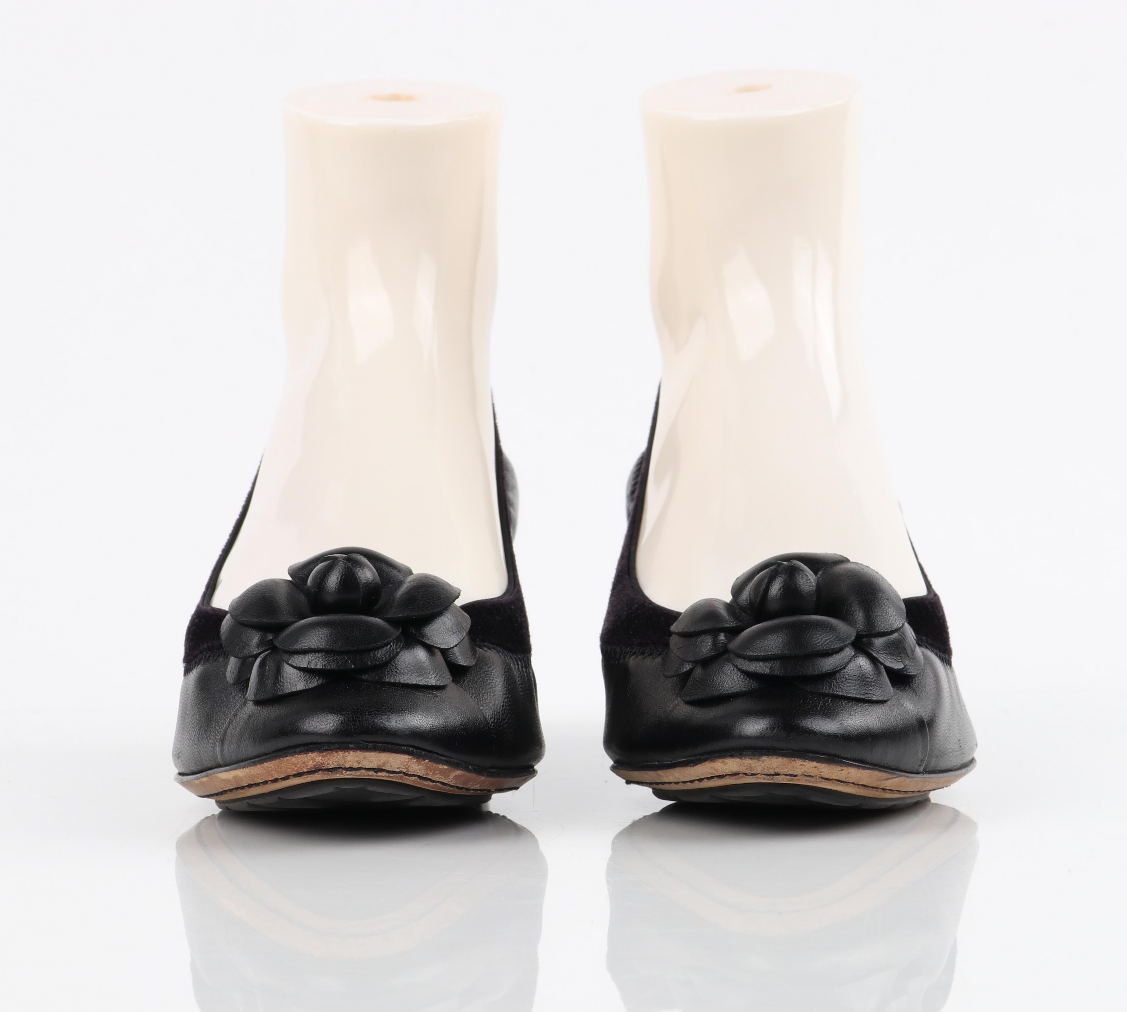 CHANEL Black Lambskin Leather Camellia Rosette Velvet Trim Ballet Pump Heels 1