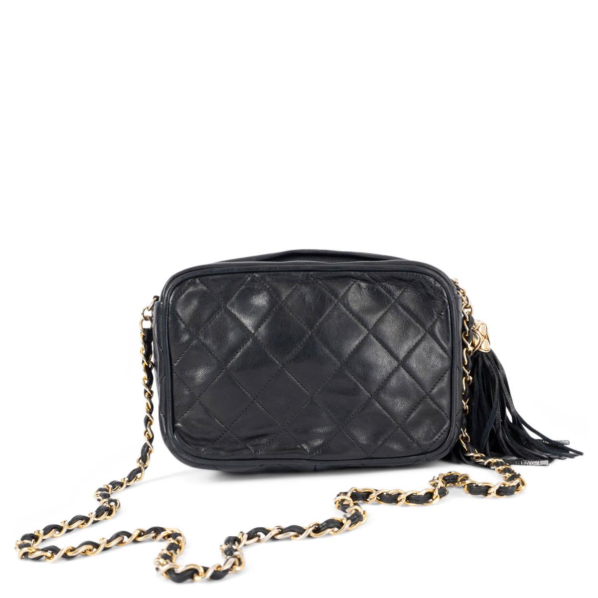 Women's CHANEL black lambskin leather CAMERA TASSEL Shoulder Bag VINTAGE For Sale
