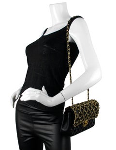 RARE Chanel Black Lambskin Leather Classic Cage Woven Chain Flap Bag
