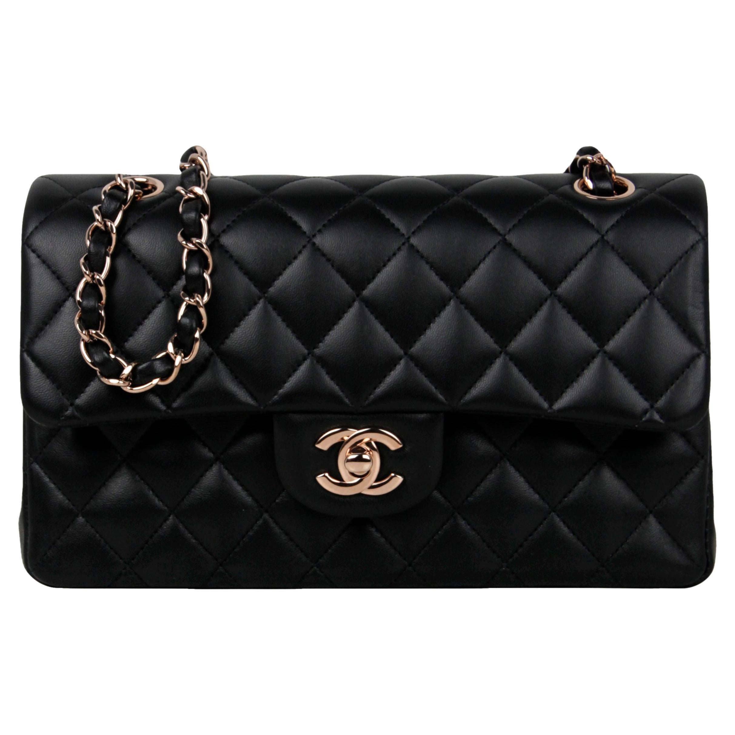Chanel Black Lambskin Leather Double Flap Small Classic Bag w/ Rose Gold HW