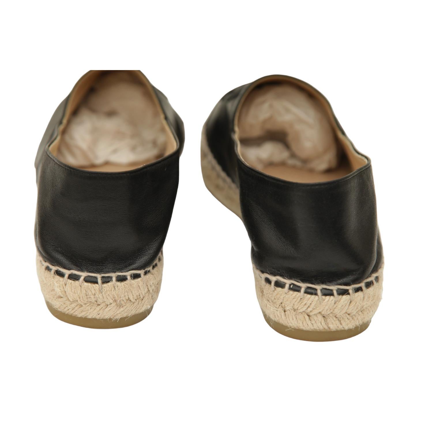 CHANEL Black Lambskin Leather Espadrilles Loafers Flats Cap Toe CC Shoes Sz 40 5