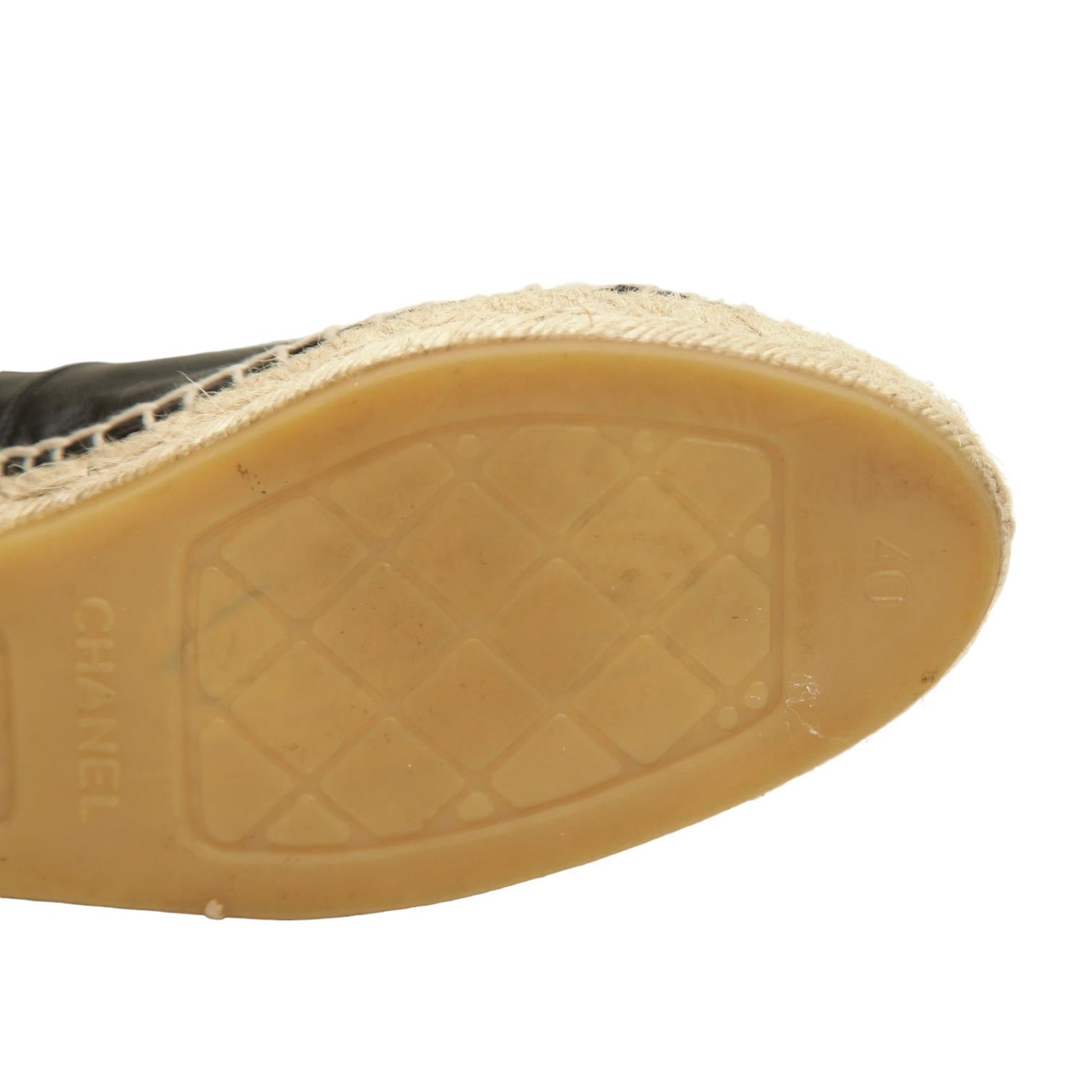 CHANEL Black Lambskin Leather Espadrilles Loafers Flats Cap Toe CC Shoes Sz 40 8