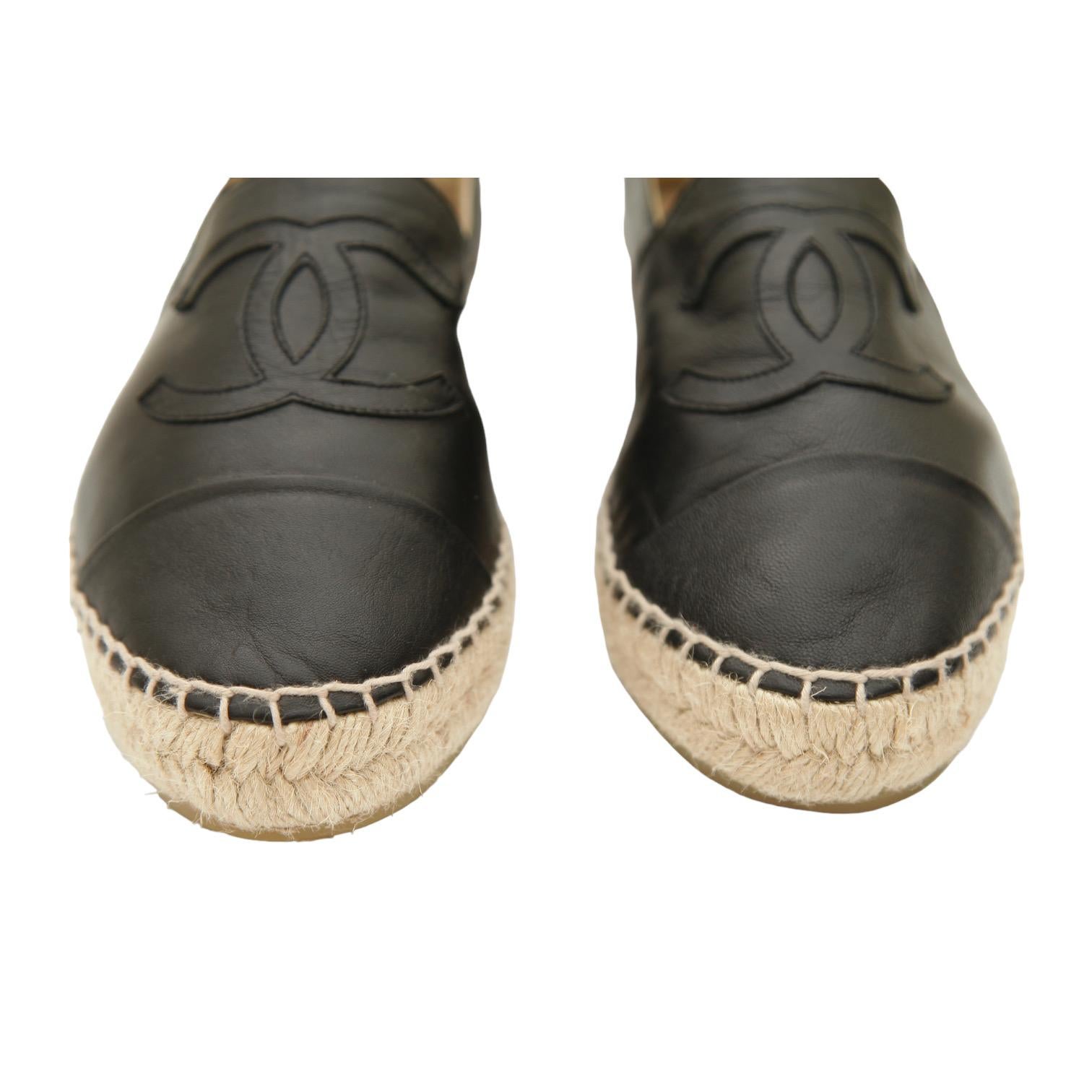 Women's CHANEL Black Lambskin Leather Espadrilles Loafers Flats Cap Toe CC Shoes Sz 40