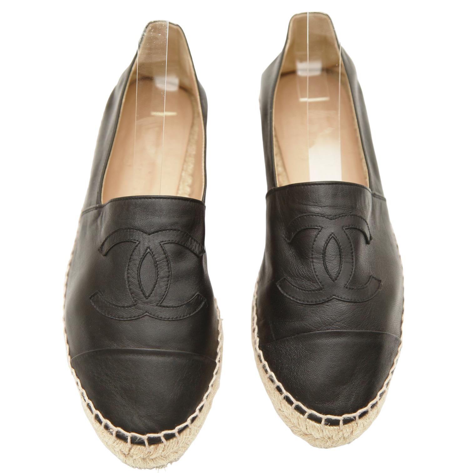 CHANEL Black Lambskin Leather Espadrilles Loafers Flats Cap Toe CC Shoes Sz 40 1