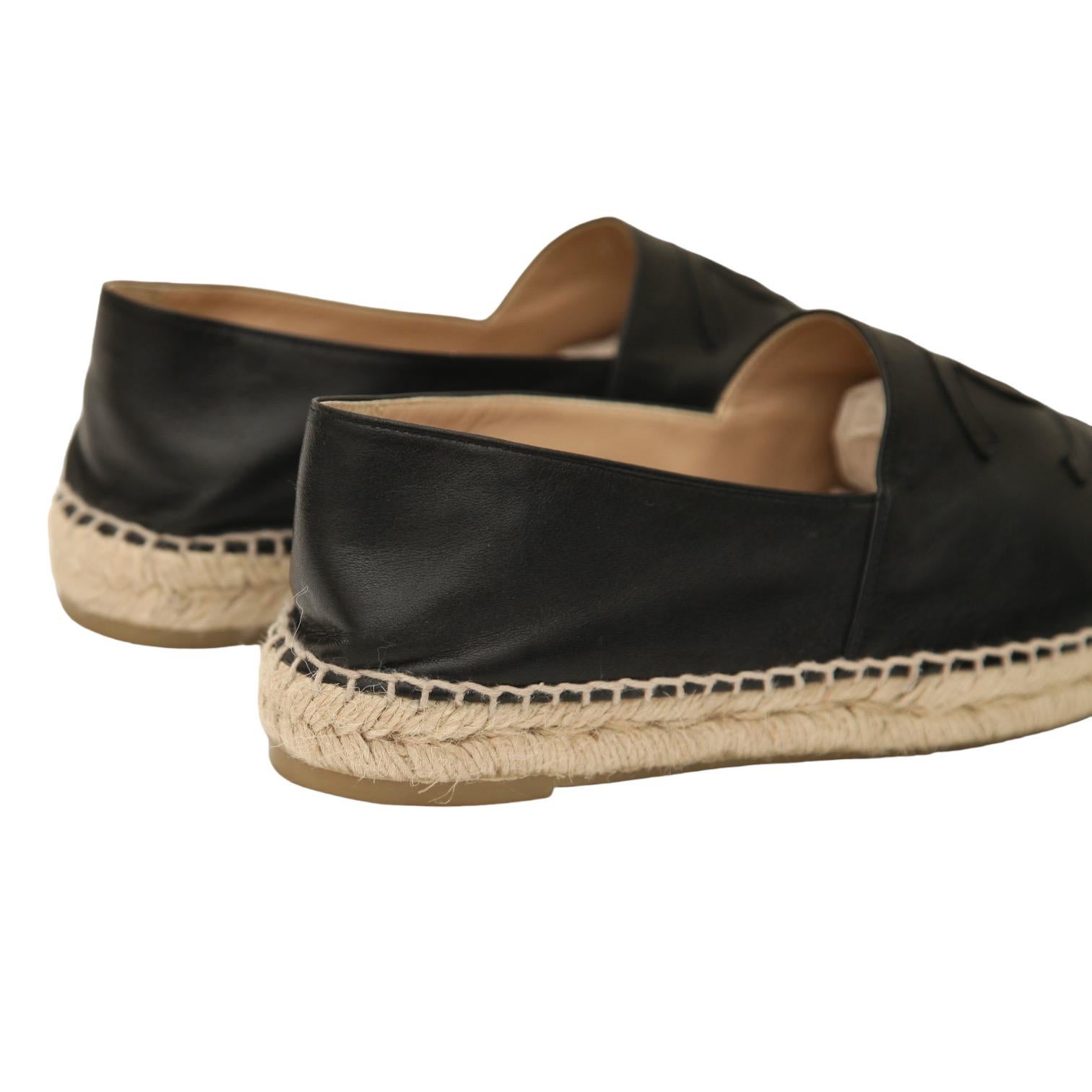 CHANEL Black Lambskin Leather Espadrilles Loafers Flats Cap Toe CC Shoes Sz 40 3